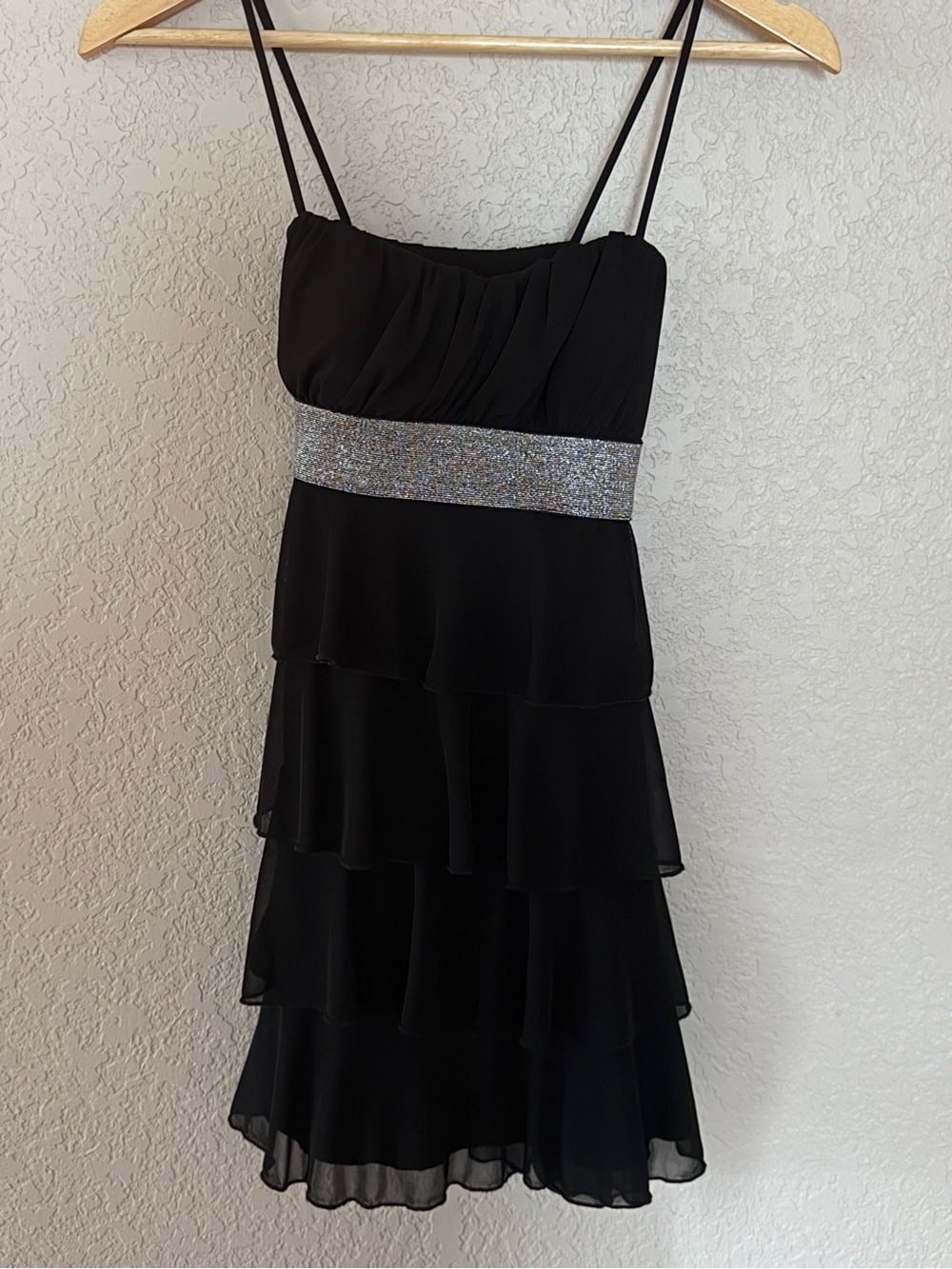 Storm Black Tiered Mini Dress with Sparkling Silver Waistband